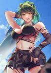  absurdres arknights arm_behind_head artist_request breasts fingerless_gloves from_below gavial_(arknights) gavial_the_invincible_(arknights) gloves goggles goggles_on_head green_hair highres navel oripathy_lesion_(arknights) pointy_ears tattoo tongue tongue_out yellow_eyes 
