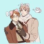  ... 2boys ahoge america_(hetalia) animal_ears axis_powers_hetalia bear_ears blonde_hair blue_background blue_eyes blush bomber_jacket bow brown_gloves brown_jacket empty_eyes english_text expressionless fake_animal_ears flying_sweatdrops food gloves green_necktie grey_scarf hair_bow hand_on_another&#039;s_chest hand_on_another&#039;s_shoulder jacket littleb623 long_coat looking_at_another male_focus mochi mochimerica_(hetalia) multiple_boys necktie pink_bow russia_(hetalia) scarf smile speech_bubble spoken_ellipsis upper_body yaoi 