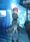  1girl absurdres blue_ribbon brown_coat building coat d._joko full_body hair_ornament hair_over_one_eye hair_ribbon high_heels highres long_sleeves naked_coat night outdoors pink_hair ram_(re:zero) re:zero_kara_hajimeru_isekai_seikatsu red_eyes red_footwear ribbon road short_hair solo standing street thigh_strap vibrator_in_thigh_strap x_hair_ornament 