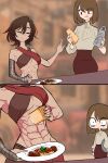  2girls absurdres blurry breasts centurii-chan_(artist) cheese cheese_grater closed_eyes depth_of_field food highres holding holding_food meatball medium_breasts medium_hair multiple_girls muscular muscular_female open_mouth original pasta plate skirt smirk surprised tareme underboob 