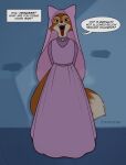  2022 anthro canid canine clothed clothing dialogue disney dress english_text female fitletter fox full-length_portrait hands_behind_back headdress hi_res looking_at_viewer maid_marian mammal portrait purple_clothing purple_dress robin_hood_(disney) solo standing talking_to_viewer text tongue tongue_out 