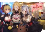  &gt;_&lt; 3girls :d alcohol anniversary antenna_hair azur_lane bangs bare_shoulders beer beer_mug belt_collar between_breasts bird bismarck_(azur_lane) bismarck_(iron_black_elysium)_(azur_lane) black_dress black_gloves blonde_hair blue_eyes blush blush_stickers breasts cake cat chest_harness chick cleavage closed_mouth clothing_cutout collar collarbone collared_dress commentary_request copyright_name cowboy_shot cross cup dress drinking_glass elbow_gloves food framed_breasts gloves grey_hair grey_shirt hair_between_eyes hair_ribbon half_gloves harness highres holding holding_plate holding_string holding_tray indoors iron_cross large_breasts leipzig_(azur_lane) leipzig_(storefront_training)_(azur_lane) long_hair looking_at_viewer maid maid_headdress manjuu_(azur_lane) meowfficer_(azur_lane) mimiko_(fuji_310) mug multicolored_hair multiple_girls navel navel_cutout official_alternate_costume open_mouth orange_eyes plate prinz_eugen_(azur_lane) prinz_eugen_(kindred_evening_spirits)_(azur_lane) puffy_short_sleeves puffy_sleeves purple_eyes red_hair red_ribbon ribbon see-through see-through_dress shirt short_hair short_sleeves shoulder_cutout sidelocks sleeveless sleeveless_dress smile streaked_hair string string_of_flags tray two_side_up very_long_hair wine wine_glass 