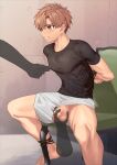  1boy arms_behind_back bar_censor black_shirt blush bound bound_ankles bound_wrists brown_eyes brown_hair censored chair clenched_teeth clothing_aside flaccid grey_shorts highres male_focus nayoshi_(r-744) nipple_tweak no_male_underwear original penis restrained shirt short_hair shorts shorts_aside sitting teeth testicle_grab testicles 