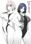  2girls ahoge arcueid_brunestud bangs bare_shoulders blush breasts collarbone covered_navel greyscale highleg highleg_swimsuit kara_no_kyoukai kumakichi_(cost-lost) large_breasts looking_at_viewer monochrome multiple_girls one-piece_swimsuit parted_bangs ryougi_shiki short_hair smile swimsuit thighs tsukihime 