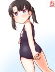  1girl alternate_costume artist_logo black_hair black_swimsuit commentary_request cowboy_shot dated from_behind kanon_(kurogane_knights) kantai_collection looking_at_viewer looking_back name_tag one-hour_drawing_challenge purple_eyes school_swimsuit short_hair shounan_(kancolle) simple_background solo standing swimsuit twintails white_background 