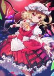  1girl :d absurdres adapted_costume ascot bangs blonde_hair crystal dark_background embellished_costume feet_out_of_frame flandre_scarlet frills gradient gradient_background hair_between_eyes hat highres holding holding_weapon kirisaki_shuusei laevatein_(touhou) looking_at_viewer mob_cap puffy_short_sleeves puffy_sleeves purple_background red_eyes short_sleeves simple_background skirt slit_pupils smile solo teeth touhou vest weapon wings wrist_cuffs yellow_ascot 