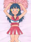  1girl absurdres armpits arms_up bangs bed_sheet black_hair blue_eyes blush cheerleader commentary_request dawn_(pokemon) eyelashes from_above grin hair_ornament hairclip highres holding holding_pom_poms kneehighs knees knees_together_feet_apart long_hair looking_at_viewer lying miraa_(chikurin) on_back pink_shirt pink_skirt pokemon pokemon_(anime) pokemon_dppt_(anime) pom_pom_(cheerleading) shirt skirt sleeveless sleeveless_shirt smile socks solo sweat teeth v-neck white_socks 