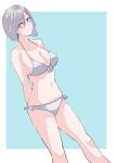  1girl bikini blue_eyes breasts feet_out_of_frame front-tie_top hair_ornament hair_over_one_eye hairclip hamakaze_(kancolle) highres itou_ebiko kantai_collection large_breasts looking_at_viewer short_hair side-tie_bikini solo standing swimsuit white_bikini white_hair 