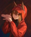  1girl absurdres animal_ears arknights bangs brown_hair closed_mouth commentary_request dog_shadow_puppet hair_between_eyes highres hood hooded_jacket jacket long_sleeves looking_at_viewer open_clothes open_jacket orange_eyes projekt_red_(arknights) projekt_red_(light_breeze)_(arknights) red_jacket upper_body wolf_ears wolf_girl yidie zipper 
