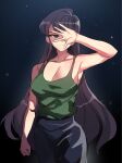  1girl arm_at_side armpits black_background black_eyes black_hair black_pants blurry bokeh breasts cleavage cosplay depth_of_field expressionless green_tank_top gundam gundam_wing hand_over_face heero_yuy heero_yuy_(cosplay) highres hinghoi komi-san_wa_komyushou_desu komi_shouko large_breasts long_hair pants solo tank_top very_long_hair 