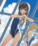  4girls :o ahoge arashio_(kancolle) asashio_(kancolle) black_hair blue_eyes blue_sky blue_swimsuit blush breasts cloud cloudy_sky competition_school_swimsuit competition_swimsuit cowboy_shot day hair_between_eyes highres indoors kantai_collection kuronaga light_brown_hair long_hair medium_breasts michishio_(kancolle) minegumo_(kancolle) multiple_girls one-piece_swimsuit out_of_frame red_eyes rei_no_pool school_swimsuit sky small_breasts swimsuit two-tone_swimsuit white_swimsuit window 