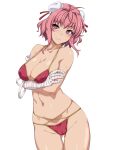  1girl ahoge arms_under_breasts bandaged_arm bandages bangs bikini blush breast_hold breasts cleavage closed_mouth collarbone commentary_request covered_nipples cowboy_shot double_bun eyelashes groin hair_bun highres ibaraki_kasen large_breasts looking_at_viewer navel ootsuki_wataru pink_eyes pink_hair shiny shiny_skin simple_background solo stomach string_bikini sweatdrop swimsuit thighs touhou twitter_username white_background 