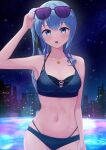  1girl bikini blue_eyes blue_hair breasts cityscape eyewear_on_head highres hololive hoshimachi_suisei jewelry long_hair midriff navel necklace night night_sky open_mouth side_ponytail sky small_breasts solo star_(sky) star_(symbol) star_in_eye starry_sky sunglasses swimsuit symbol_in_eye typho virtual_youtuber 