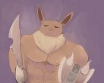 1boy :3 abs animal_nose body_fur boke-chan brown_fur closed_eyes closed_mouth commentary_request diablos_(armor) eevee facing_viewer fur_collar furry furry_male holding holding_shield holding_sword holding_weapon male_focus monster_hunter:_world monster_hunter_(series) muscular muscular_male pectorals personification pokemon pokemon_(creature) purple_background shield simple_background sketch solo standing straight-on sword two-tone_fur upper_body weapon wrinkled_frown_(detective_pikachu) yellow_fur 