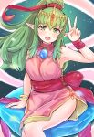  1girl alternate_costume bangs bare_shoulders blush bracelet commentary_request dragonstone dress fire_emblem fire_emblem:_mystery_of_the_emblem fire_emblem_awakening fire_emblem_heroes gem green_eyes green_hair hair_between_eyes hair_ornament hair_ribbon high_ponytail highres jewelry kutabireta_neko long_hair looking_at_viewer official_alternate_costume open_mouth pelvic_curtain pink_dress pointy_ears ponytail red_ribbon ribbon sash side_slit sidelocks sitting sleeveless sleeveless_dress smile solo thighs tiara tiki_(fire_emblem) v 