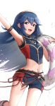  1girl absurdres armpits ass_visible_through_thighs bikini blue_bikini blue_eyes blue_hair fire_emblem fire_emblem_awakening fire_emblem_cipher flat_chest gonzarez highres innertube jumping long_hair looking_at_viewer lucina_(fire_emblem) navel official_alternate_costume one_eye_closed open_mouth shorts simple_background smile solo swimsuit symbol-shaped_pupils thighhighs thighs tiara water white_background 