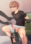  1boy arms_behind_back bar_censor black_shirt blush bound bound_ankles bound_wrists brown_eyes brown_hair censored chair clenched_teeth clothing_aside erection grey_shorts highres male_focus nayoshi_(r-744) nipple_tweak no_male_underwear original penis restrained shirt short_hair shorts shorts_aside sitting teeth testicle_grab testicles 