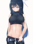  1girl bangs bare_arms bare_shoulders belt benetto black_belt black_pants black_shirt blue_archive blue_eyes blue_hair blush breasts commentary_request cowboy_shot crop_top groin highres large_breasts leggings long_hair looking_at_viewer midriff navel no_headwear pants partial_commentary saori_(blue_archive) shirt simple_background sleeveless sleeveless_shirt solo standing stomach very_long_hair white_background 