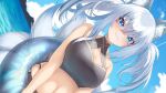  1girl :3 animal_ear_fluff animal_ears bangs bikini black_bikini blue_eyes blue_hair blue_sky breasts cleavage cleavage_cutout closed_mouth clothing_cutout collarbone day dutch_angle enatsu fox_ears fox_girl fox_tail grey_hair highres inari_iroha innertube large_breasts long_hair looking_at_viewer multicolored_hair multiple_tails navel noripro outdoors sidelocks sky smile solo sparkle stomach swimsuit tail twintails two-tone_hair upper_body virtual_youtuber 