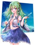  1girl :d absurdres bare_shoulders blue_eyes blue_skirt border breasts cloud collarbone cowboy_shot detached_sleeves food frog_hair_ornament green_hair hair_between_eyes hair_ornament hair_tubes highres holding_ice_cream ikazuchi_akira kochiya_sanae light_particles long_hair long_sleeves looking_at_viewer medium_breasts navel open_clothes open_mouth open_shirt outdoors petticoat popsicle skirt sky smile snake_hair_ornament solo touhou white_border wide_sleeves 