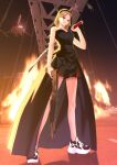  1girl aircraft bare_shoulders black_dress black_hairband blurry blurry_background brown_hair dress dual_wielding fire full_body gun hairband helicopter highres holding holding_gun holding_weapon katana night original outdoors over_shoulder shoes smile sneakers solo standing suspension_bridge sword tapiokaesi weapon 