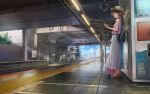  2girls bag blue_dress brown_footwear commentary_request dress ground_vehicle highres holding holding_luggage long_skirt luggage multiple_girls original outdoors pink_shirt railroad_tracks sarekoube scenery shirt skirt sleeveless sleeveless_shirt solo_focus suitcase summer train train_station 