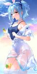  1girl animal_ears bangs blue_hair blue_ribbon blue_sky blue_swimsuit chiyingzai cloud commentary_request dress fake_animal_ears hair_between_eyes hair_ribbon highres hololive kneeling looking_at_viewer mouth_hold no_shoes off_shoulder one-piece_swimsuit outdoors puffy_short_sleeves puffy_sleeves rabbit_ears red_eyes ribbon school_swimsuit see-through shallow_water short_eyebrows short_sleeves sky socks solo swimsuit swimsuit_under_clothes thick_eyebrows two_side_up usada_pekora virtual_youtuber water wet wet_clothes wet_dress white_dress white_socks 