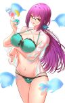  1girl bangs bare_shoulders bikini black_bikini breasts cleavage collarbone cup drinking_glass fate/grand_order fate_(series) green_bikini hair_between_eyes highres large_breasts long_hair long_sleeves looking_at_viewer navel off_shoulder open_clothes open_mouth open_shirt oursong_(kiam_pis) purple_hair red_eyes scathach_(fate) scathach_skadi_(fate) scathach_skadi_(swimsuit_ruler)_(fate) see-through smile solo swimsuit thighs two-tone_bikini 