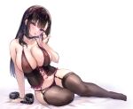  1girl arm_support bare_arms bare_shoulders black_choker black_hair black_panties braid breasts brown_thighhighs calm_mashiro choker cleavage closed_mouth collarbone corset covered_nipples cuffs frills garter_straps hair_ornament hairclip hand_up handcuffs head_tilt highres large_breasts lingerie long_hair looking_at_viewer naughty_face navel nipples no_shoes ohtsuka_miyako_(calm_mashiro) original panties purple_eyes see-through simple_background sitting skindentation smile solo stomach string_panties thighhighs thighs tongue tongue_out underwear underwear_only v-shaped_eyebrows white_background yokozuwari 