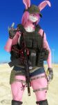  3d_(artwork) absurd_res anthro belt clothing digital_media_(artwork) female gloves hair handwear hat headgear headwear hi_res knee_pads long_ears ludexus muscular muscular_anthro muscular_female pink_body pink_eyes pink_hair pink_nose radio solo source_filmmaker tattoo teeth_visible topwear vest weapon zafy_takada_(ludexus) 