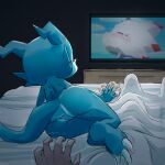  anthro bandai_namco bed blue_body butt digimon digimon_(species) digimon_ghost_game furniture gammamon hi_res human humor male mammal offscreen_hand on_bed reaching_towards_another shoru veemon watching_tv 