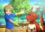  anthro bandai_namco brown_hair capnii child digimon digimon_(species) duo english_text eyewear goggles guilmon hair hi_res human humor male mammal red_body scalie takato_matsuki text yellow_eyes young 