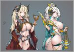  2girls alcohol ass ass_support bare_shoulders between_breasts border breast_curtains breasts chain chinese_commentary coat commentary_request contrapposto cropped_legs cup cyborg dragon_horns drinking_glass from_behind genderswap genderswap_(mtf) grey_background grey_border grey_hair hair_ornament holding holding_cup holding_knife horns knife large_breasts long_hair mecha_musume mole mole_on_breast multiple_girls navel off_shoulder open_clothes open_coat planet purple_eyes red_coat revealing_clothes rimworld sideboob signature simple_background stmast stomach tail thigh_strap thighs triangle_mouth twintails uniform white_hair wine wine_glass yellow_eyes 