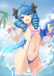  1girl :d absurdres ahoge alternate_costume bangs bare_shoulders beach bikini black_bow blue_hair bow breasts cowboy_shot day drill_hair green_eyes groin gwen_(league_of_legends) hair_bow hair_ornament hand_up highres holding holding_scissors holding_weapon league_of_legends long_hair medium_breasts navel open_mouth outdoors oversized_object pink_bikini revival scissors smile solo swimsuit teeth twin_drills twintails upper_teeth v water weapon x_hair_ornament 