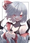  1girl absurdres bangs black_bra bra breasts cleavage fangs grey_hair hair_ribbon highres looking_at_viewer open_mouth red_eyes red_ribbon remilia_scarlet ribbon short_hair simple_background solo touhou tsune_(tune) underwear upper_body white_background 