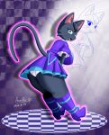  2022 anthro aozora_(tasogare_aozora) big_breasts big_butt black_body black_fur boots breasts butt checkered_background checkered_floor clothed clothing curvy_figure digital_media_(artwork) domestic_cat dress empty_eyes felid feline felis female footwear fur green_eyes hi_res high_heeled_boots high_heels huge_breasts kemono leaning leaning_forward looking_back mammal nipple_outline odd_taxi open_mouth open_smile outline panties panty_peek pattern_background presenting presenting_hindquarters sakura_wadagaki_(odd_taxi) signature simple_background smile solo thick_thighs underwear voluptuous whiskers 