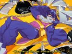  1980s_(style) 1girl blue_hair blue_skin bluethebone breasts chinese_clothes claws cleavage cleavage_cutout clothing_cutout colored_skin flipped_hair hat jiangshi lei_lei looking_at_viewer ofuda purple_hair qing_guanmao retro_artstyle short_hair smile solo spikes subtitled vampire_(game) vhs_artifacts weapon 