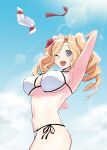  1girl bikini blonde_hair blue_eyes blue_sky breasts clothes_removed cloud commentary_request cowboy_shot day drill_hair highres honolulu_(kancolle) kanade_(kanadeya) kantai_collection large_breasts light_rays long_hair one_eye_closed outdoors side-tie_bikini sky solo sunbeam sunlight swimsuit twin_drills twintails white_bikini 
