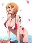  1girl absurdres ahoge alternate_costume arm_support arm_tattoo bikini bracelet breasts cleavage commentary cowboy_shot earrings english_commentary highres jewelry large_breasts leaning_forward log_pose looking_up nami_(one_piece) necklace o-ring o-ring_bikini one_piece opalisart open_mouth orange_eyes orange_hair petals red_bikini short_hair side-tie_bikini solo standing string_bikini striped striped_bikini swimsuit tattoo wading water 