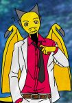  anthro artist_name:esomres belt clothing confusion dragon hi_res humanoid male pulling_tie solo suit 