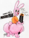  2017 abstract_background anthro anus artist_name balls battery big_anus big_butt blush bottomless bottomless_anthro bottomless_male bottomwear bottomwear_down butt clothed clothing crouching dialogue digital_drawing_(artwork) digital_media_(artwork) duracell duracell_bunny fur genitals girly green_eyes huge_butt lagomorph leporid long_ears looking_at_viewer male mammal pants pants_down parasitedeath partially_clothed penis perineum pink_body pink_fur rabbit short_tail signature simple_background smile solo spanish_text talking_to_viewer teeth text thick_thighs translation_check translation_request white_background wide_hips 