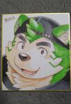  1boy baseball_cap bear black_headwear furry furry_male hat highres hijirino_yuuta live_a_hero looking_at_viewer male_focus mokdai_(live_a_hero) open_mouth photo_(medium) shirt smile solo traditional_media translation_request upper_body white_shirt 