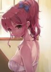  1girl bow bra breasts earrings hair_bow idolmaster idolmaster_cinderella_girls indoors jewelry jougasaki_mika looking_at_viewer looking_to_the_side medium_breasts pink_hair ponytail shiroyukimajima smile solo stud_earrings underwear upper_body wavy_hair white_bra window 