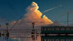  absurdres chinese_commentary cloud commentary_request evening ground_vehicle highres no_humans original power_lines railroad_crossing scenery sky star_(sky) starry_sky train utility_pole water yu_jing 