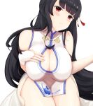  1girl azur_lane black_hair breasts china_dress chinese_clothes cleavage_cutout clothing_cutout dress floral_print hand_on_own_chest large_breasts long_hair looking_at_viewer pelvic_curtain red_eyes sa_(nax49) simple_background sleeveless sleeveless_dress solo very_long_hair white_background yat_sen_(azur_lane) 