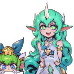  2girls :d animal_ears bangs bare_shoulders bow choker gloves green_bow green_choker green_eyes green_hair grey_gloves grey_leotard hair_bow hair_ornament hand_up horns league_of_legends leotard long_hair lulu_(league_of_legends) multiple_girls official_alternate_costume phantom_ix_row shiny shiny_skin simple_background single_horn smile soraka_(league_of_legends) star-shaped_pupils star_(symbol) star_guardian_(league_of_legends) star_guardian_lulu star_guardian_soraka symbol-shaped_pupils teeth upper_teeth white_background 