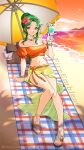  1girl absurdres arm_support artist_name bare_legs bare_shoulders beach beach_towel beach_umbrella bead_bracelet beads bikini bracelet braid braided_bun breasts brown_eyes cleavage collarbone commentary copyright_name cup drinking_glass drinking_straw elincia_ridell_crimea english_commentary fire_emblem fire_emblem:_radiant_dawn fire_emblem_heroes flower forehead green_hair hair_bun hair_flower hair_ornament hand_up highres holding holding_cup jewelry large_breasts long_hair looking_at_viewer navel necklace ocean off-shoulder_bikini off_shoulder official_alternate_costume orange_bikini orange_sky outdoors pink_flower puffy_short_sleeves puffy_sleeves revision sandals sarong short_sleeves silvercandy_gum sitting sky smile solo sparkle stomach swimsuit thighs towel twitter_username umbrella water 