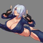  1girl absurdres angel_(kof) blue_eyes bra breasts chaps commission cropped_jacket finger_horns fingerless_gloves flexible gloves hair_over_one_eye highres index_fingers_raised jacket large_breasts leather leather_jacket snk split spread_legs strapless strapless_bra the_king_of_fighters the_king_of_fighters_xiv thighs toned ttt_(titatuem) underwear 