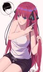  1girl absurdres armpits arms_up bangs black_ribbon black_shorts blue_eyes blunt_bangs blush breasts butterfly_hair_ornament camisole cutting_hair frown go-toubun_no_hanayome hair_ornament highres hime_cut holding holding_hair large_breasts long_hair looking_to_the_side nail_polish nakano_nino parted_lips pink_hair purple_nails ribbon scissors shorts sidelocks simple_background sitting thick_thighs thighs twintails uesugi_fuutarou v-shaped_eyebrows very_long_hair white_camisole ziddol 