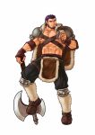  1boy abs armor axe bara beard biceps cape facial_hair fire_emblem fire_emblem:_path_of_radiance full_body gloves highres holding large_pectorals largo_(fire_emblem) leg_up male_focus mature_male navel nipple_slip nipples pauldrons pectorals pelvic_curtain planted purple_hair shoulder_armor simple_background smile solo thick_eyebrows topless_male weapon white_background zelo-lee 